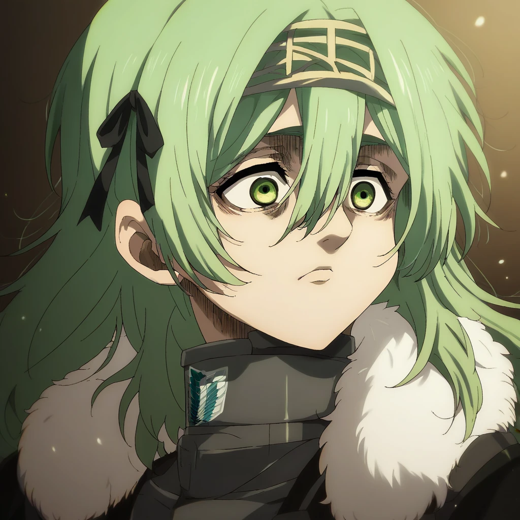 shingeki_no_kyojin_s4_style, portrait, solo,  kilo, green eyes, green hair, long hair, hairband, black hair ribbon, fur trim, grey leotard, black sleeves, long sleeves,