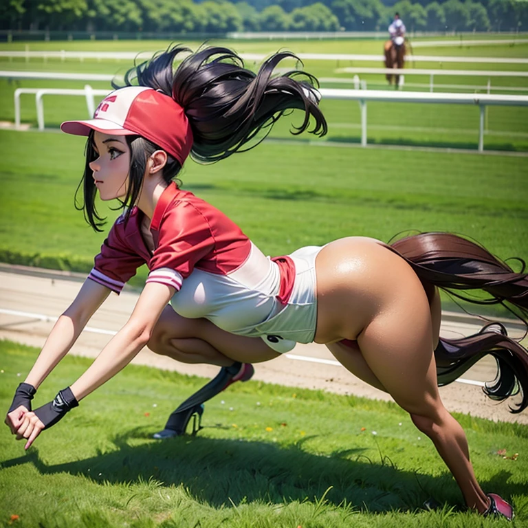 A cute anime-style woman dressed as a horse racing jockey Jockey's attire Sprinting on a horse on a green racetrack I don't listen to girls