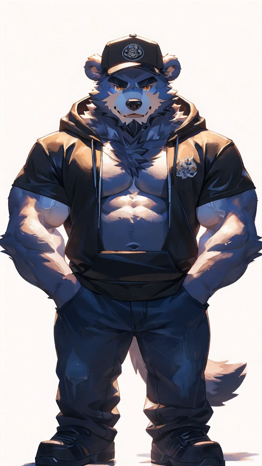 (masterpiece:1.2), best quality,pixiv,official art,perfect anatomy, (Ray tracing, light),solo, (1_male:1.3) , (muscle), (grey fur:1.4), (muscle bear), (beard:1.2), (gleaming golden eyes), bear tail, full body, Thick black eyebrows, baseball cap, (open short hoodie), (naked inside),Ripped short jeans, black short boots, (pure white background: 1.3), (front view:1.3), character design