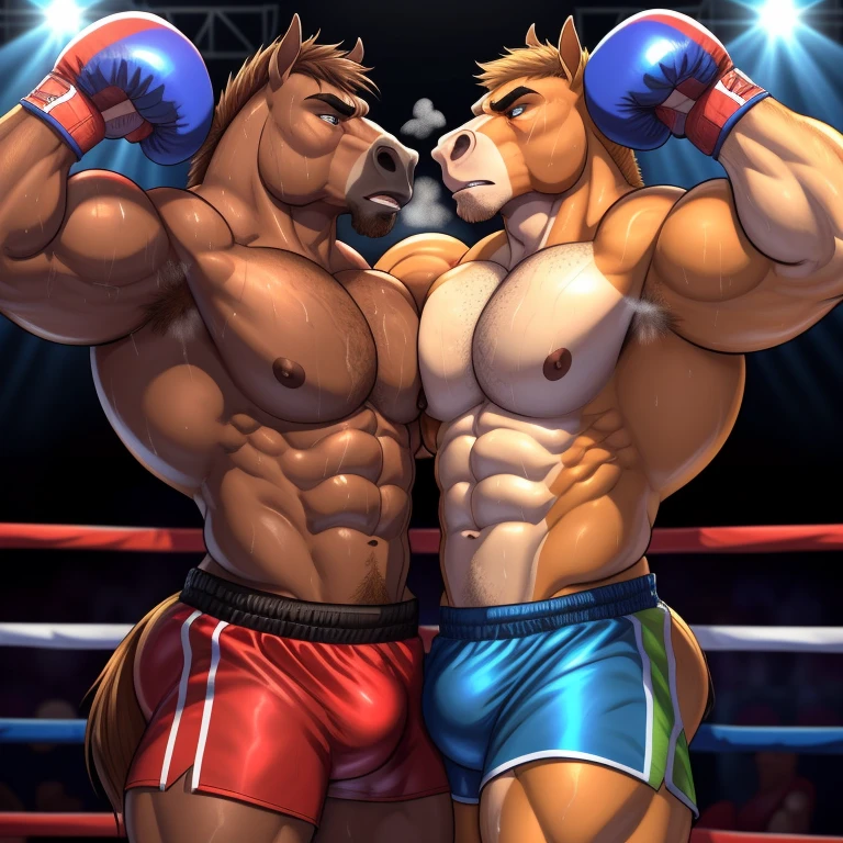 Duo male(Brown Horse vs Brown Horse, handsomes, Thick eyebrows), gay(armpits embraced, cuddling, hot abs frottage, face to face, on a boxing match), hot(Shirtless), handsomes(They are handsomes, correct anatomy), musculosos(Big muscle bodies, Six packs, muscle abs, big pecs, muscle backs, muscle legs), sweaty(very sweaty wet bodies, shiny sweat), tatuajes(they have tattoos), Grumpy(Both have an grumpy expression, growling, grumpy teeths, steaming breath), Boxing gloves(They both are wearing red boxing gloves), boxing shorts(They both are wearing boxing shorts), Hight resolution, by(Zourik:1.1)