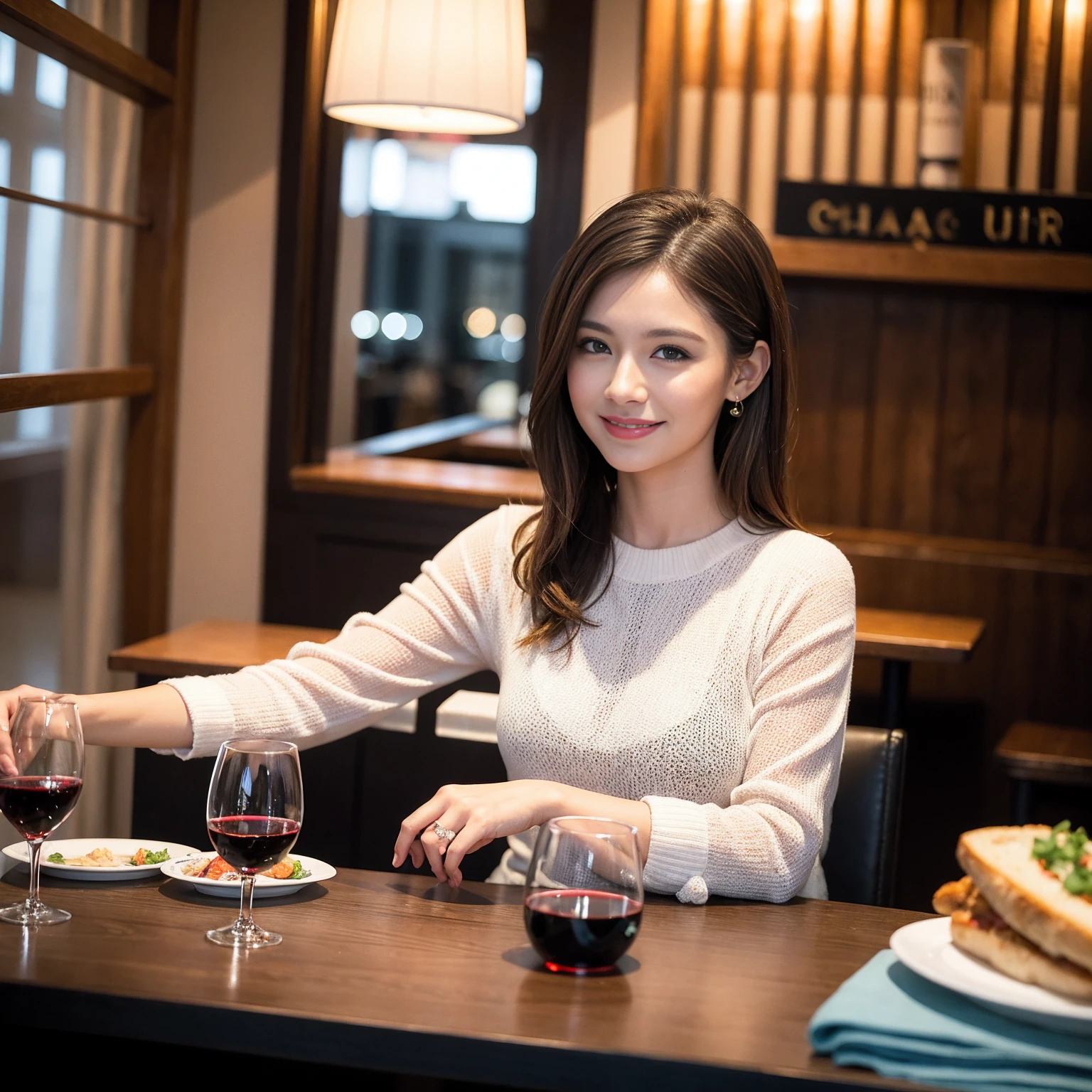 ((Highest quality、8K、masterpiece:1.3))、slimカップル、Pink Lover、modelカップル、(Realistic, Intricate details:1.2), full-course dinner、Wine Party、Amazing view of the sunset sky and clouds、A bright smile、The wonderfulness of smile、Bright image、The beauty of wine, Beautiful Face, blue eyes, The light shines on your face, Blushing, short hair,Bright Face、 (Age 37), 39 years old, red wine 、Appetizers、Italian food、Wine bottle、Champagne、sparkling wine、Two beauties、Brown Hair、Shortcuts、Long sleeve shirt、dress、Beautiful woman 1, (slimな顔), (The body is slim), (Brown Hair), (Shortcuts), cheeks turn a little red,Attractive beauty、restaurant, In a prominent place (From the waist up) Nova Frog Style, actress, model, Upper Body, White wine, slim, wine glass, 中央に置かれたwine glass, smile, (smile: 1.15), Beautiful fine grain, Depth f/2,saturation, High Contrast, Strong light and shadow,Moist Body:1.5、3D texture、Delicate eyes、Brown Hair、The hair is very shiny、