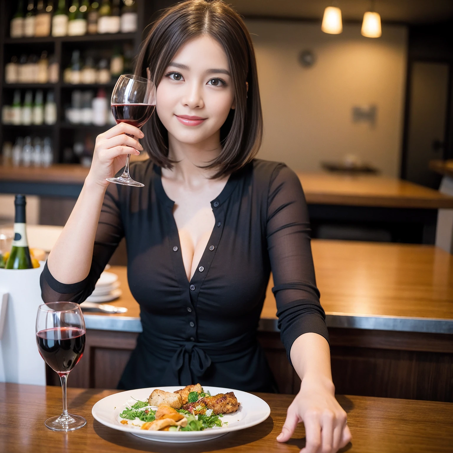 ((Highest quality、8K、masterpiece:1.3))、slimカップル、Pink Lover、modelカップル、(Realistic, Intricate details:1.2), full-course dinner、Wine Party、Amazing view of the sunset sky and clouds、A bright smile、The wonderfulness of smile、Bright image、The beauty of wine, Beautiful Face, blue eyes, The light shines on your face, Blushing, short hair,Bright Face、 (Age 37), 39 years old, red wine 、Appetizers、Italian food、Wine bottle、Champagne、sparkling wine、Two beauties、Brown Hair、Shortcuts、Long sleeve shirt、dress、Beautiful woman 1, (slimな顔), (The body is slim), (Brown Hair), (Shortcuts), cheeks turn a little red,Attractive beauty、restaurant, In a prominent place (From the waist up) Nova Frog Style, actress, model, Upper Body, White wine, slim, wine glass, 中央に置かれたwine glass, smile, (smile: 1.15), Beautiful fine grain, Depth f/2,saturation, High Contrast, Strong light and shadow,Moist Body:1.5、3D texture、Delicate eyes、Brown Hair、The hair is very shiny、