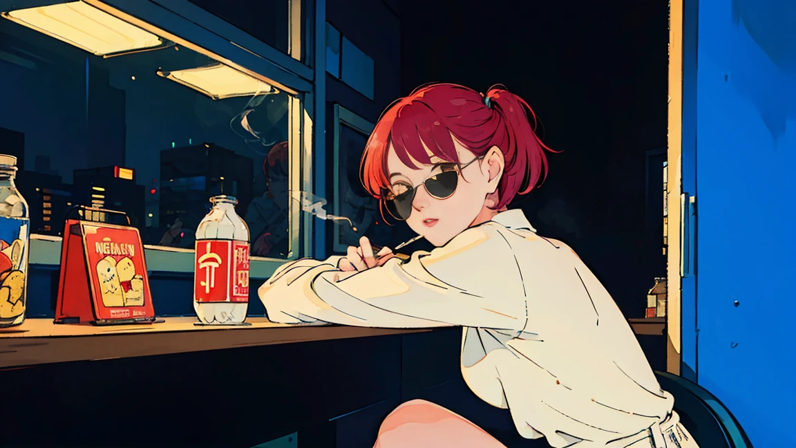 beautiful asian girl with red hair sitting in a diner at night, seen through a window, perfect face, sunglasses, smoking a white tailor made cigarette, NeonNoir, (backlit: 1.1), hard shadow, masterpiece, best quality, Intricate, modelshoot style, vintage, film grain, Incomplete details drive,citypop,cassettetape