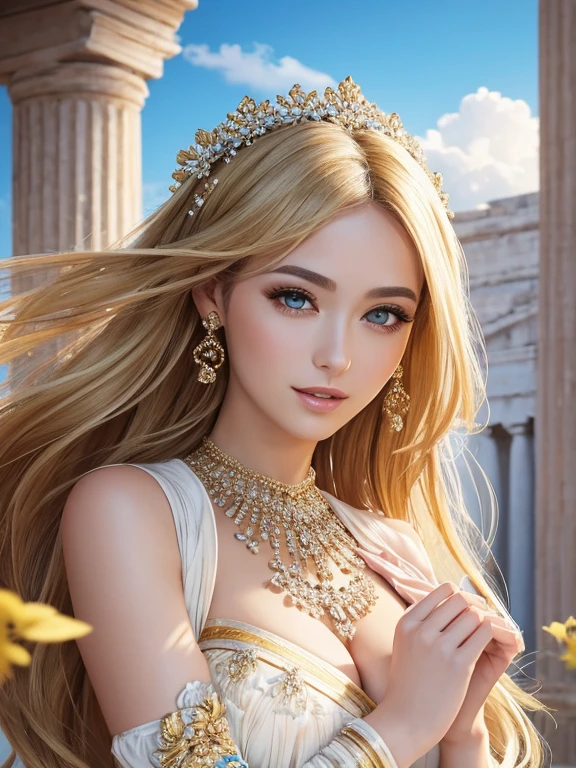 (Highest quality,Super detailed,High resolution,masterpiece,8K),Bright and vibrant colors,Official artwork,Greek white costume,Stylish makeup,Mid-length, shiny blonde hair fluttering in the wind,Captivating eyes,Glossy Lips,Beautiful woman with ample breasts,Beautiful neck line, Holding,Captivating smile,whole body,A solemn atmosphere,Old Temple,flower,pigeon,,Detailed CG,