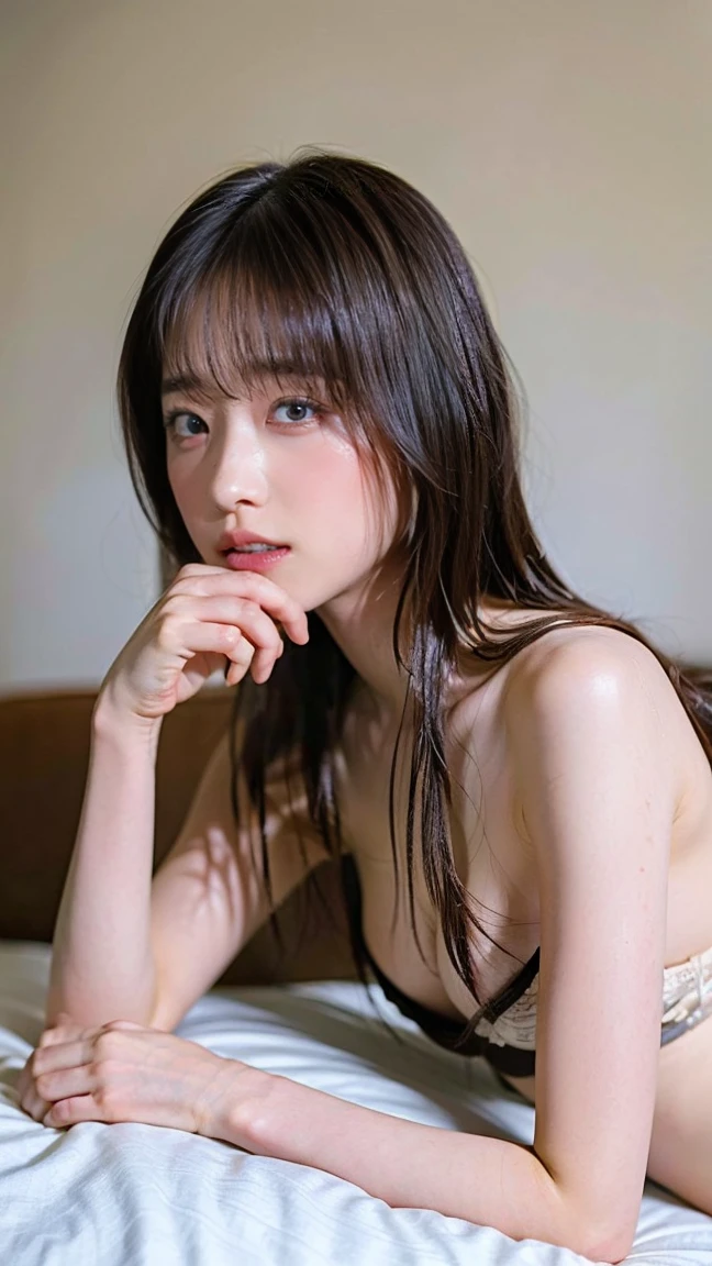 (8K、RAW Photos、Highest quality、masterpiece:1.2)、(Realistic、Realistic)、1 Girl、((Completely naked、Are sleeping、Bury your face in the pillow、Big Ass、Beautiful back、Sex、On the bed、Oilskin、Accentuate your butt、Rear view、indirect lighting、Sweaty body、Shiny, Wet body、Full body image、Woman lying face down, Exhausted、Hotel Rooms、Dim the lights、At night））