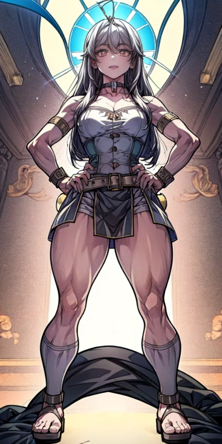 female pale skin full body whole body 1sologirl loincloth standing warrior proud expression, hands on hips, loincloth standing, hands on hips, metal sandals, leather choker with golden bell bellybutton navel, leather corset, big belt, view from below, feet together, bracers, tiara