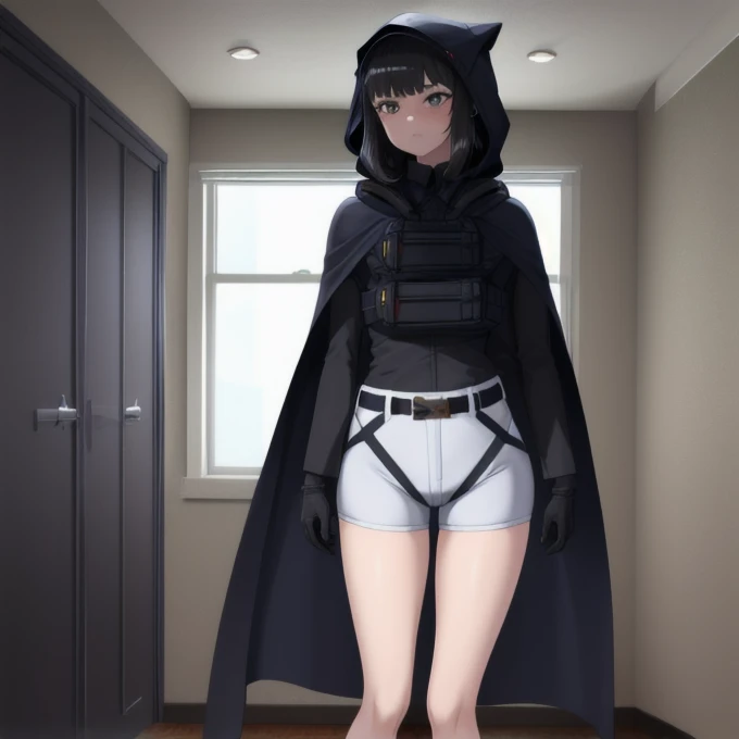 Solo, 1girl, dnikke, long sleeves, hood up, black shirt, gloves, shorts, cloak, cape, belt, tactical clothes, room, standing 