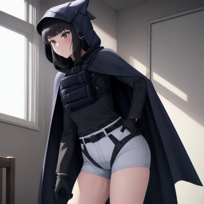 Solo, 1girl, dnikke, long sleeves, hood up, black shirt, gloves, shorts, cloak, cape, belt, tactical clothes, room, standing 