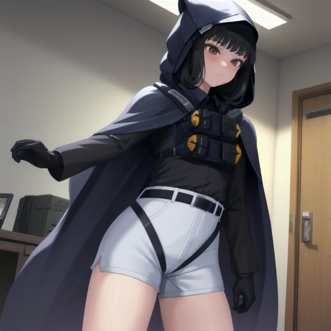 Solo, 1girl, dnikke, long sleeves, hood up, black shirt, gloves, shorts, cloak, cape, belt, tactical clothes, room, standing 