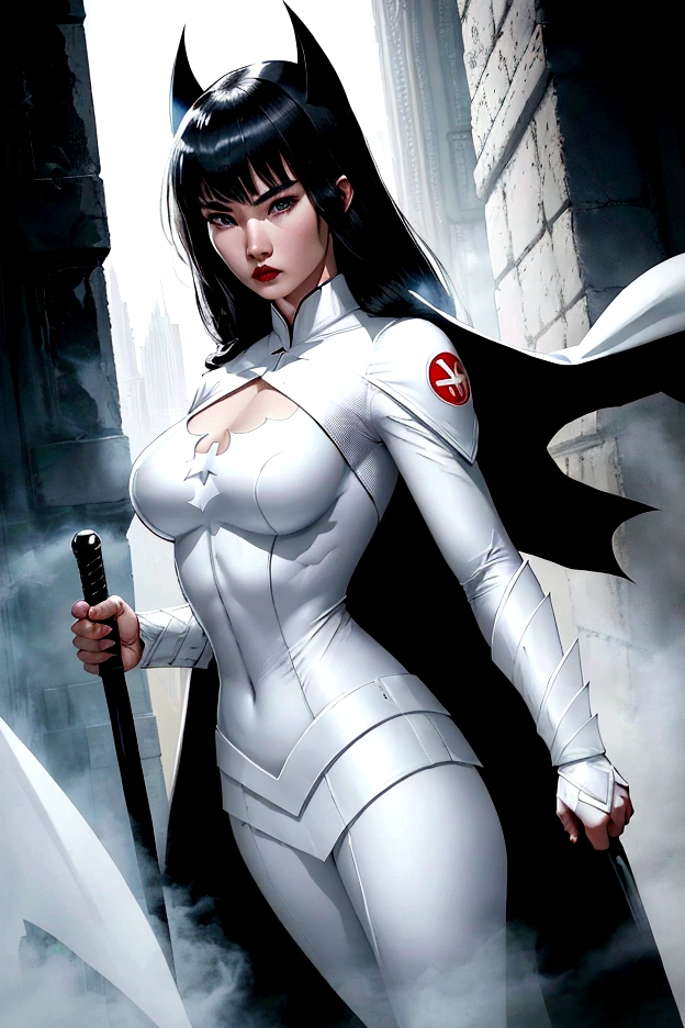 superhero, modern super hero costume, white bat costume, style like a black bat suit and, white suit for girl, ninja, with a Chinese sword, Beautiful Chinese woman, Chinese woman with bangs, courageous character, Kind, Brave, determination, on the battlefield