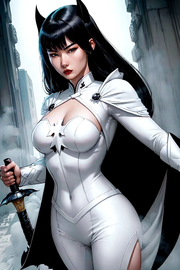 superhero, modern super hero costume, white bat costume, style like a black bat suit and, white suit for girl, ninja, with a Chinese sword, Beautiful Chinese woman, Chinese woman with bangs, courageous character, Kind, Brave, determination, on the battlefield