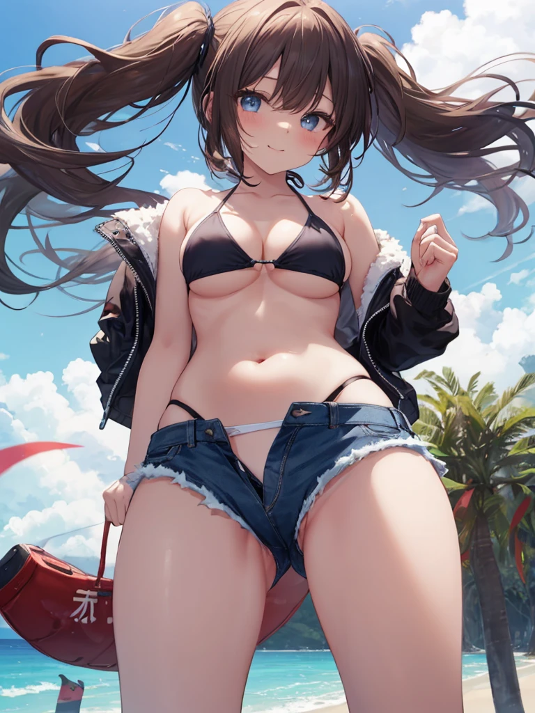 (8K、Highest quality、Highest quality、masterpiece)、Detailed face、One Girl、(Brown Skin:1.2)、Long Hair、Blue eyes、Seductive smile, seductive pose、(Bikini top Only、BikiniTop、Bikini Top、Denim hot shorts、Open Shorts、Unziped shorts、Mini Shorts、No Panties、NoPanties、Sexy、wedgie、Spread vagina under shorts)、vulva view、Beach、cloud、vagina peek、Big Breasts、