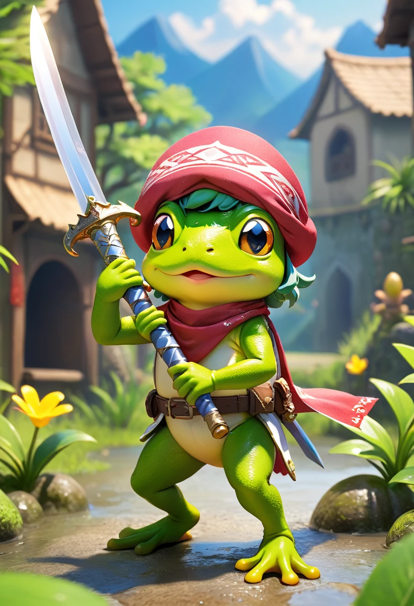 Esbian all over、Cool Frog、Pop Frog、Diorama、Simple Background、bandana、Holding a big sword in his hand、Best Quality, Capture the cutest moments, Depth of written boundary, Super detailed, Ultra-high resolution, Octadale, 8k, 16km race
