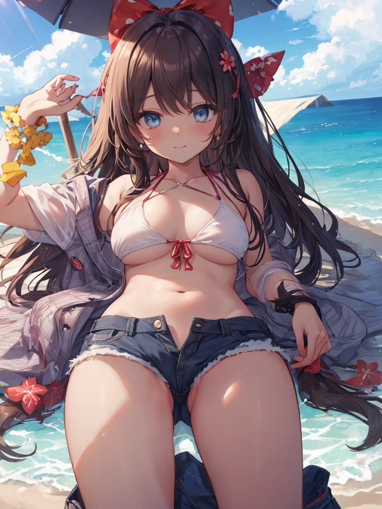 (8K、Highest quality、Highest quality、masterpiece)、Detailed face、One Girl、(Brown Skin:1.2)、Long Hair、Blue eyes、Seductive smile, seductive pose、(Bikini top Only、BikiniTop、Bikini Top、Denim hot shorts、Open Shorts、Unziped shorts、Mini Shorts、No Panties、NoPanties、Sexy、wedgie、Spread vagina under shorts)、vulva view、Beach、cloud、vagina peek、Big Breasts、