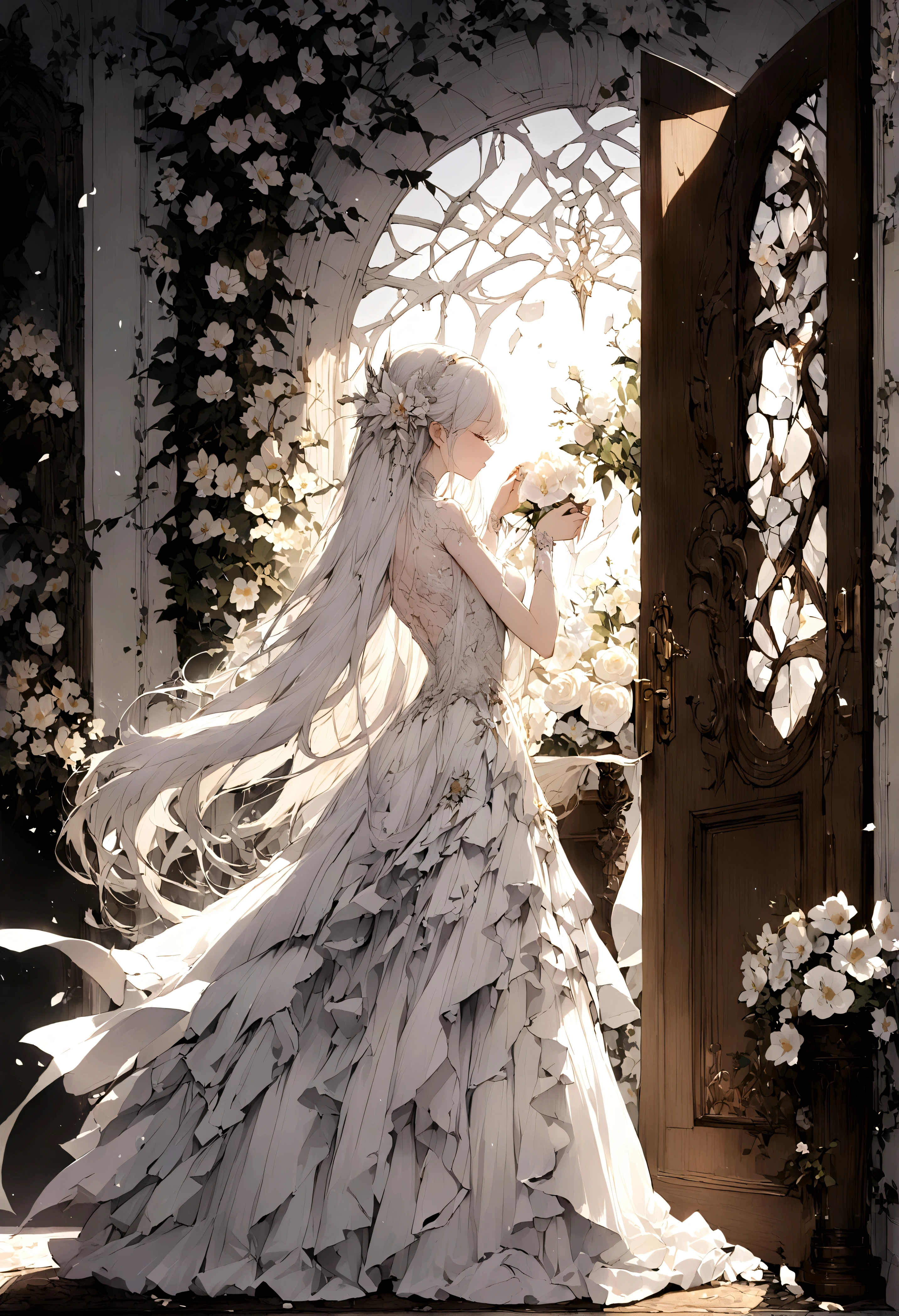 Passing by,(Standing outside the door),Fragments,Close your eyes,Tears,(Kiss the flower in hand),beautiful,White long hair,((Broken lens)),Starlight,White long skirt