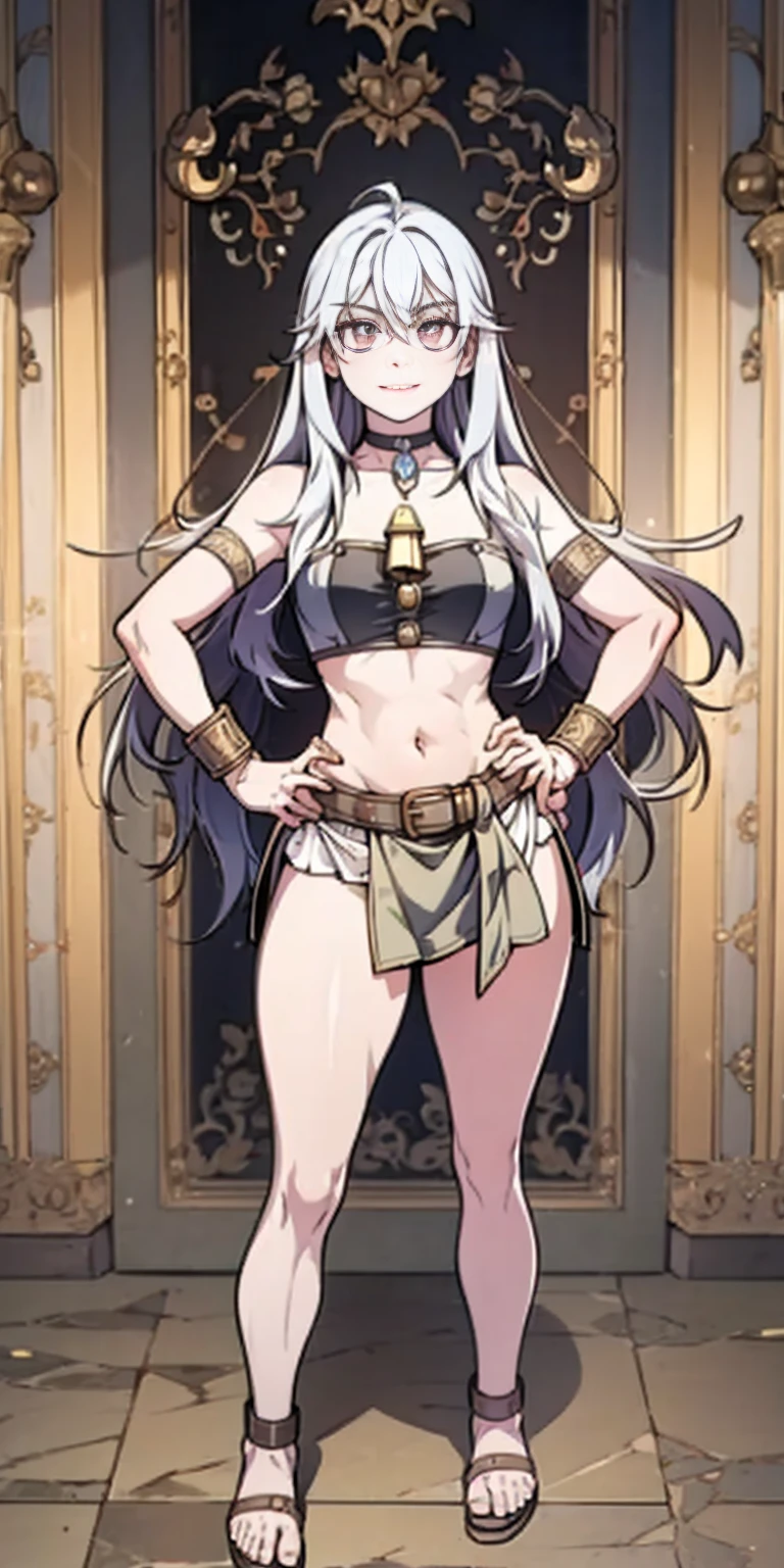 female pale skin full body whole body 1sologirl loincloth standing warrior proud expression, hands on hips, loincloth standing, hands on hips, metal sandals, leather choker with golden bell bellybutton navel, leather corset, big belt, view from below, feet together, bracers, tiara