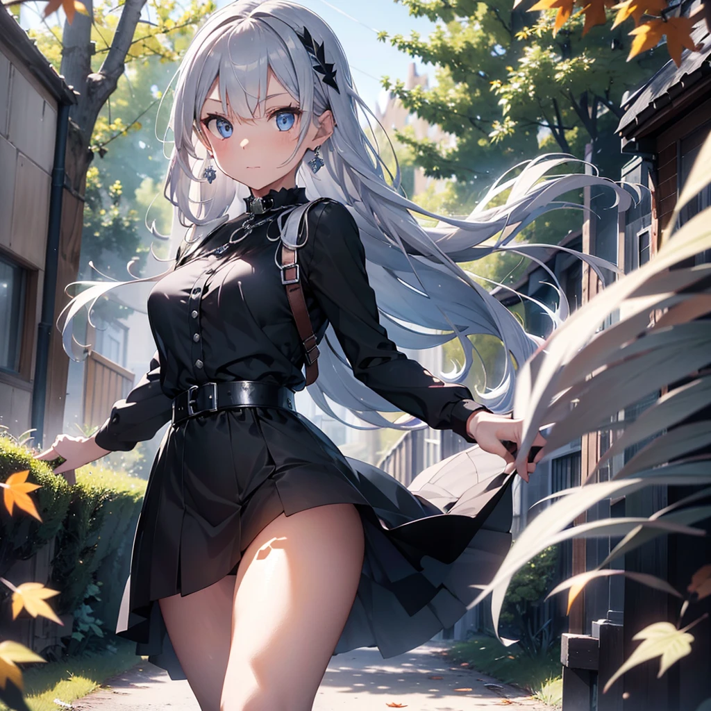 a beautiful woman with long silver hair, pointed ears, and bright blue eyes, wearing a black dress with a high collar and short skirt, a thick silver chain belt with a round silver medallion, black leather gloves, and silver earrings with a small blue sapphire, walking through a red maple forest with falling red maple leaves covering the ground, sunlight streaking through the trees, highly detailed, photorealistic, masterpiece.