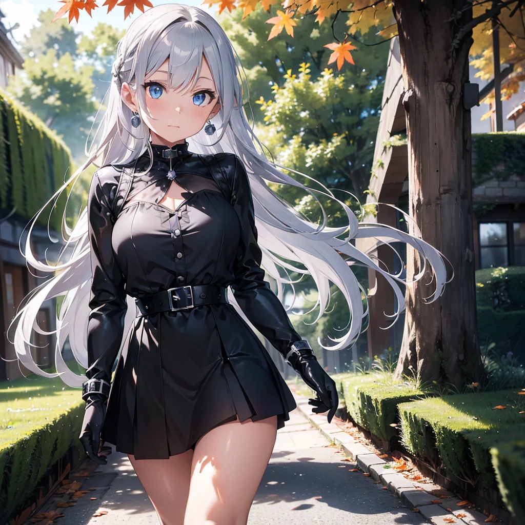 a beautiful woman with long silver hair, pointed ears, and bright blue eyes, wearing a black dress with a high collar and short skirt, a thick silver chain belt with a round silver medallion, black leather gloves, and silver earrings with a small blue sapphire, walking through a red maple forest with falling red maple leaves covering the ground, sunlight streaking through the trees, highly detailed, photorealistic, masterpiece.