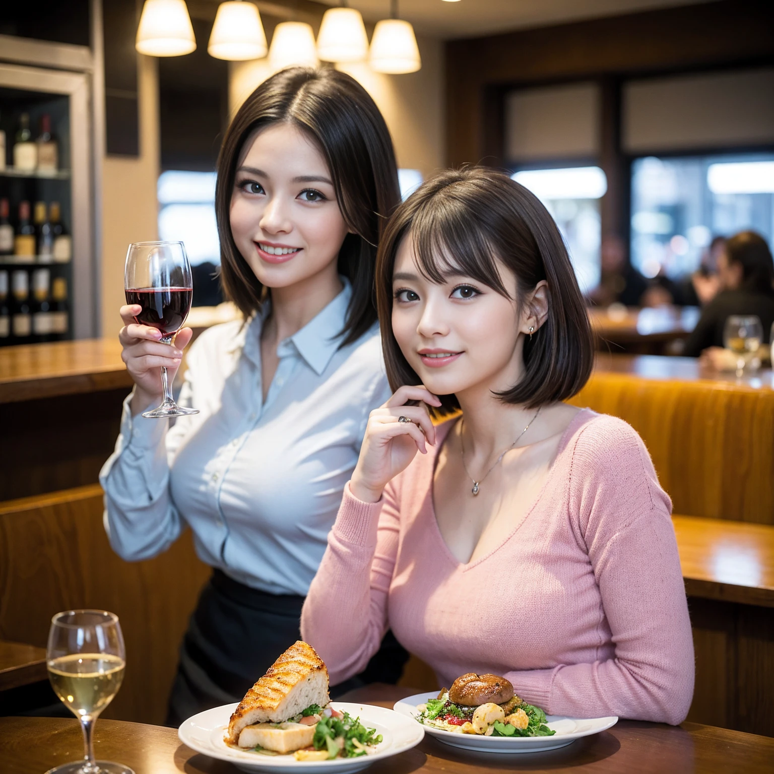 ((Highest quality、8K、masterpiece:1.3))、Yuuko Araki、slimカップル、Pink rubber、modelカップル、(Realistic, Intricate details:1.2), full-course dinner、Wine Party、Amazing view of the sunset sky and clouds、A bright smile、The wonderfulness of smile、Bright image、The beauty of wine, Beautiful Face, blue eyes, The light shines on your face, Blushing, short hair,Bright Face、 (Age 37), 39 years old, red wine 、Appetizers、Italian food、Wine bottle、Champagne、sparkling wine、Two beauties、Brown Hair、Shortcuts、Long sleeve shirt、dress、Beautiful woman 1, (slimな顔), (The body is slim), (Brown Hair), (Shortcuts), cheeks turn a little red,Attractive beauty、restaurant, In a prominent place (From the waist up) Nova Frog Style, actress, model, Upper Body, White wine, slim, wine glass, 中央に置かれたwine glass, smile, (smile: 1.15), Beautiful fine grain, Depth f/2,saturation, High Contrast, Strong light and shadow,Moist Body:1.5、3D texture、Delicate eyes、Brown Hair、The hair is very shiny、
