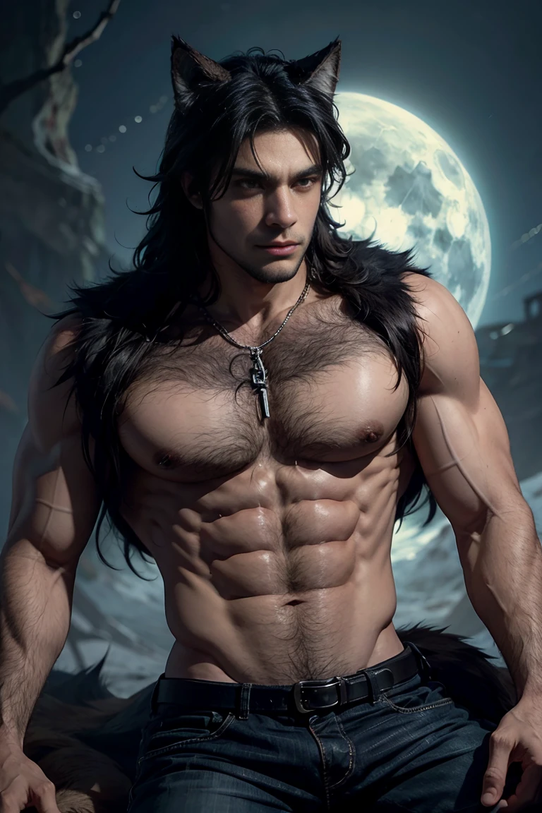 Werewolf with a wolf face and muscular wolf fur on his body.