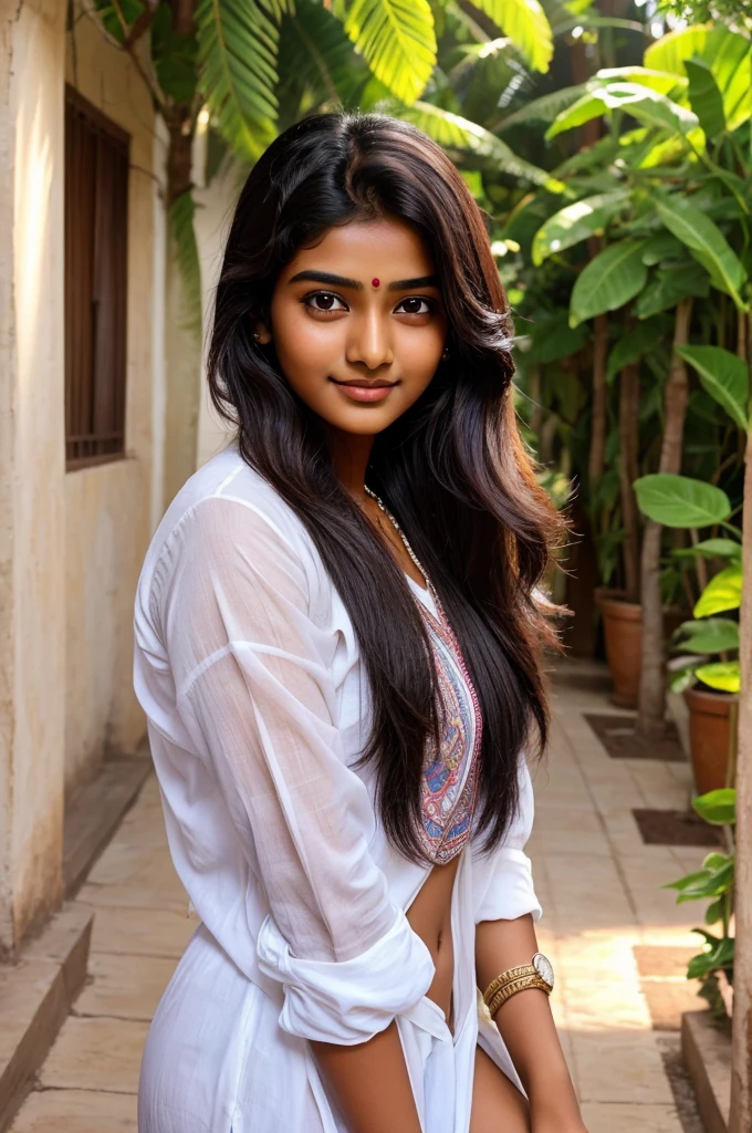 Create a photo of a sixteen-year-old Indian girl who is incredibly cute, exuding Bollywood actress vibes, with a charm that makes anyone fall in love at first sight. She should look like Krithi Shetty's sister, with expressive eyes, a radiant smile, and an overall aura of youthful elegance and beauty, clean and rounded face