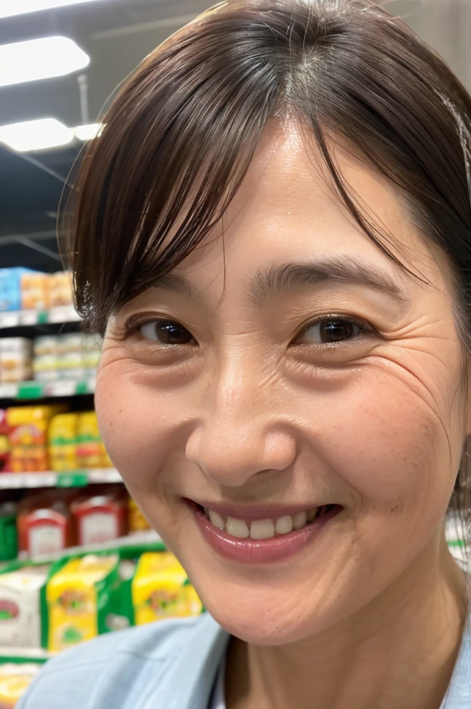((Highest quality)), ((masterpiece)), (detailed), Japanese, 40 years old, Beauty, Front face,Face close-up,smile, Nagoya,Facial wrinkles, Part-time job at a supermarket