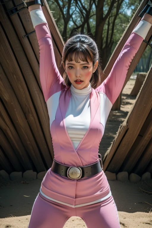 pink theme，pink ranger suit、curvy, big breats, full body, tied on Saint Andrew's cross in X position, screaming in pain, crying, eyes are closed tight