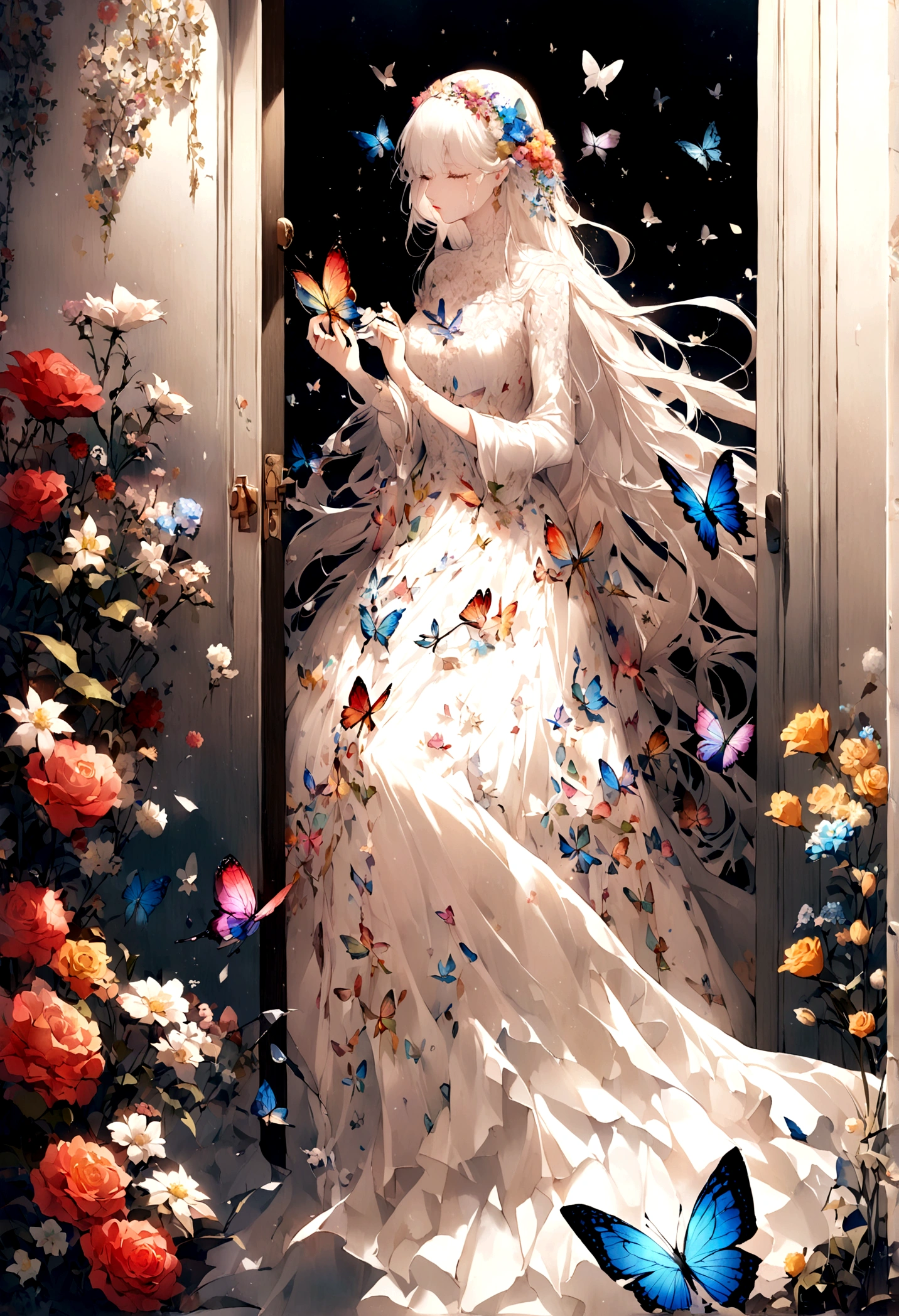 Passing by，(Standing outside the door),Fragments，Close your eyes，Tears，(Kiss the flower in hand)，beautiful，White long hair，((Broken lens))，Starlight，Colorful long dress，Flowers，Butterflies flying