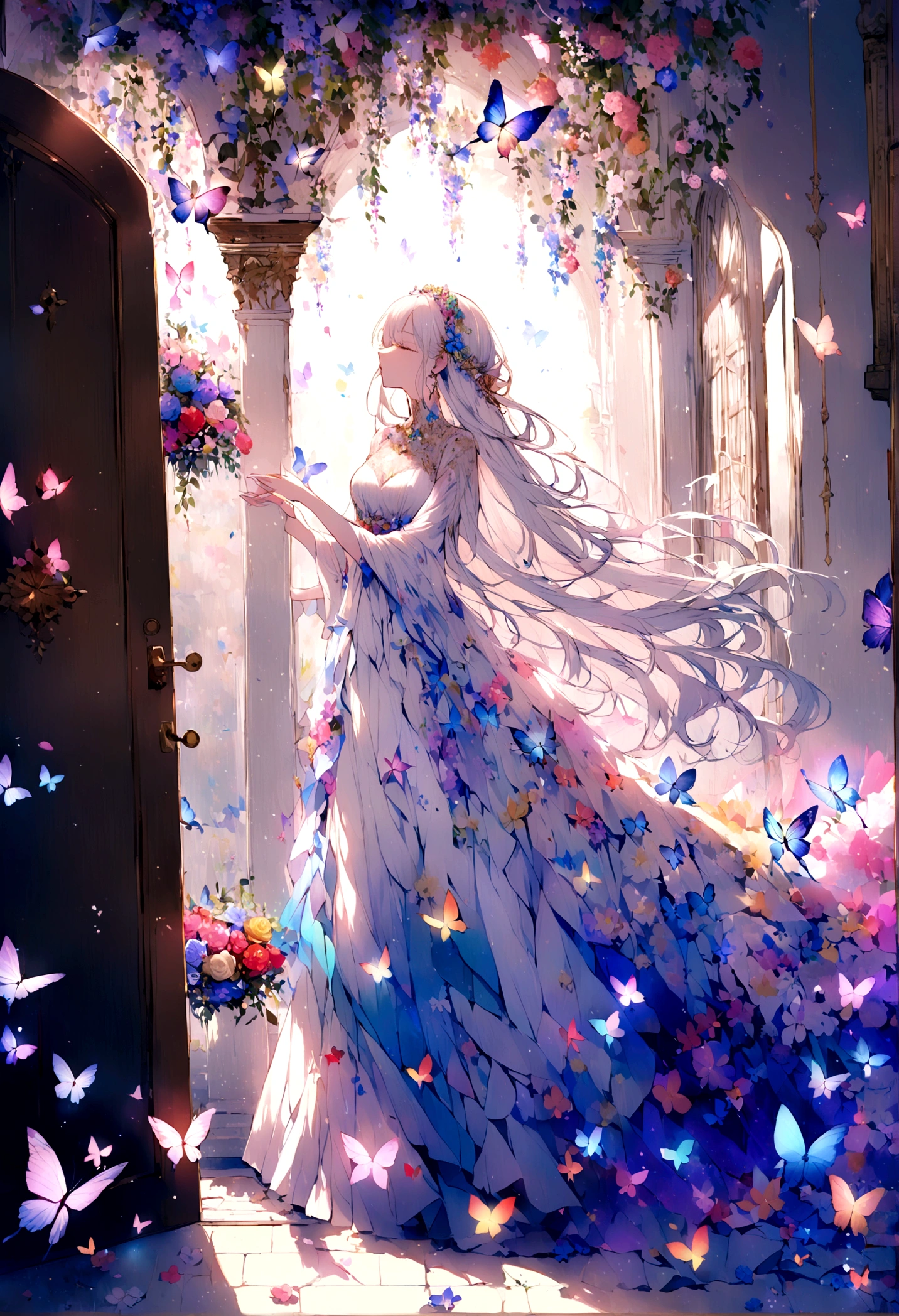Passing by,(Standing outside the door),Fragments,Close your eyes,Tears,(Kiss the flower in hand),beautiful,White long hair,((Broken lens)),Starlight,Colorful long dress,Flowers,Butterflies flying