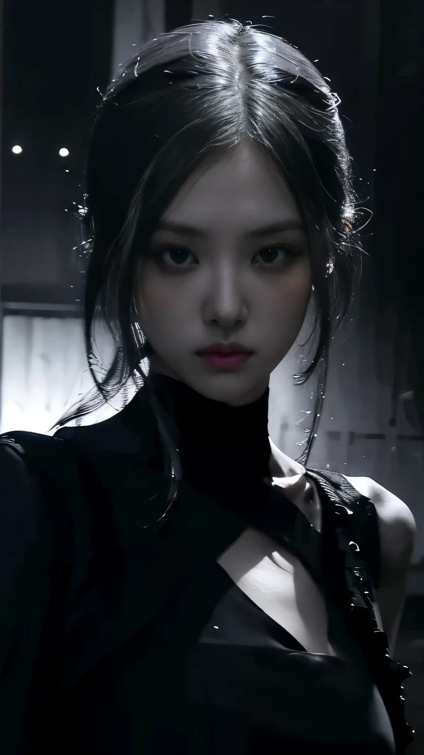 (best quality, highres:1.2), realistic, black dress, black hair, dark theme, black background, dark ninja, intense gaze, elegant posture, flowing dress, detailed facial features, long eyelashes, contrast, fine details, dramatic atmosphere, gothic style, intense emotions, monochrome color palette, captivating setting, haunting beauty, artistic photography, everything is black