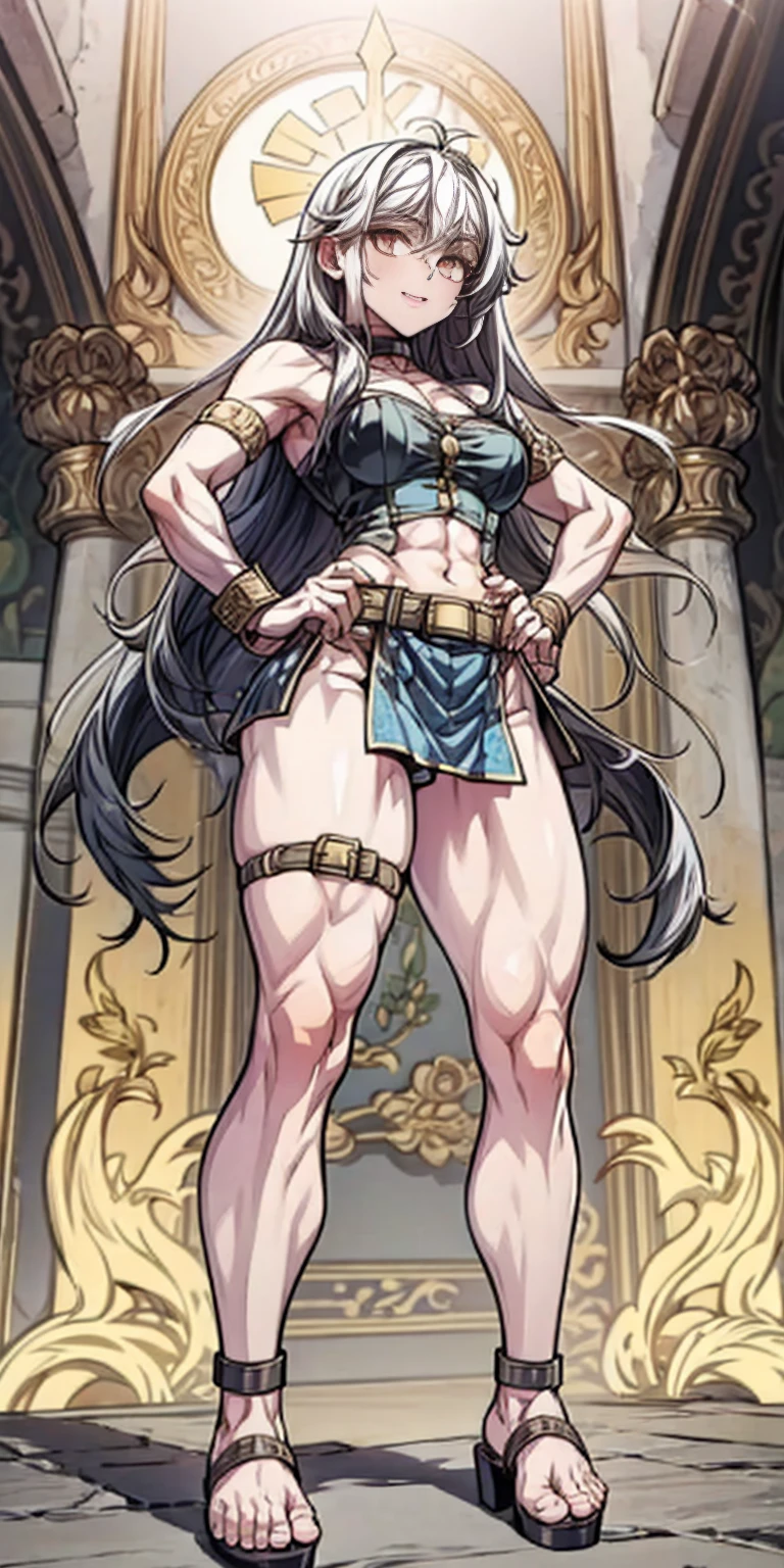 female pale skin full body whole body 1sologirl loincloth standing warrior proud expression, hands on hips, loincloth standing, hands on hips, metal sandals, leather choker with golden bell bellybutton navel, leather corset, big belt, view from below, feet together, bracers, tiara