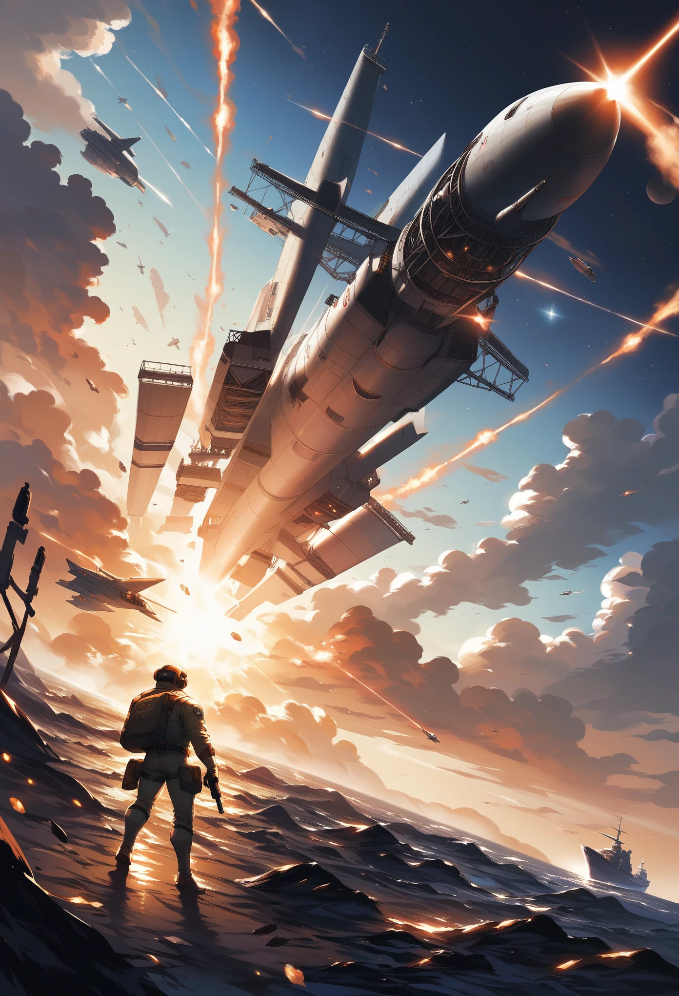 A dynamic illustration of a space battle royale between numerous futuristic spaceships. The ships are of various shapes, sizes, and designs, each with their unique weaponry, such as laser cannons and missile launchers. The background is the vast, star-filled cosmos, with a breathtaking nebula in the distance. The scene is intense, with debris and smoke from the explosions filling the space, and the remnants of destroyed ships floating in the void.