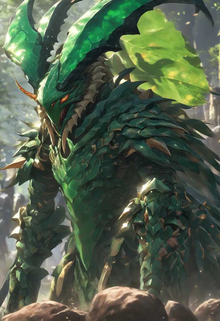 High quality rendering,(8k、The best quality at its best、masterpiece:1.2)、(Endless realism、Photorealistic:1.37)、Hyper Detail,Hyper HD,A praying mantis enlarged 10 times,zerg,Live Wallpapers,This is a picture of a praying mantis resting in a fantasy world.,(Dark green insect shell:1.2),(Exaggerated mantiforelimb,Leaf-textured shell:1.3),{Death and skeletons,Three different elements, Time and Mantis, Used in the design of this character.:1.4},Monster Hunter,((Handsome insect,Encased in thick, powerful armor. The metal panels feature intricate designs.,This armor emphasizes the size of the scythe'forelimb)),Insect characters that appear in card games