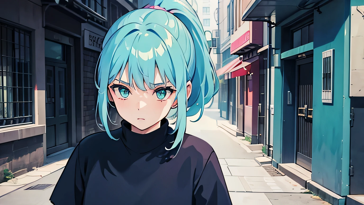One girl, pony tail, blue_hair, green_eyes, pink_lights, street clothes