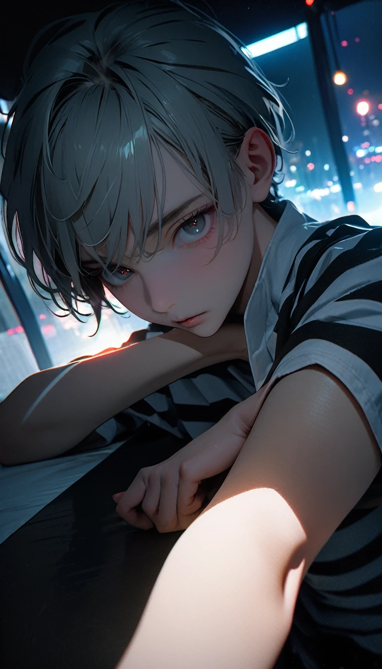 (8K, RAW photos, best quality, masterpiece: 1.4), (((Boy looking at his arm)))，Ultra-high resolution, Extremely detailed, light, Upper body close-up, handsome boy, black eyes, (delicate eyes, Eyes are bright:1.2), Gray short hair, Fair skin,dark, Black and white striped prison uniform,Black and white striped prison pants,(perfect anatomy:1.2), High-quality shadows, Natural Lighting, (White highlights:1.2), night, cloudy day, (Dark room:1.2), (White lines on arms:1.2)