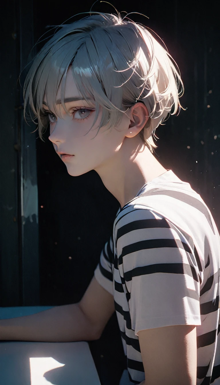 (8K, RAW photos, best quality, masterpiece: 1.4), (((Boy looking at his arm))),Ultra-high resolution, Extremely detailed, light, Upper body close-up, handsome boy, black eyes, (delicate eyes, Eyes are bright:1.2), Gray short hair, Fair skin,dark, Black and white striped prison uniform,Black and white striped prison pants,(perfect anatomy:1.2), High-quality shadows, Natural Lighting, (White highlights:1.2), night, cloudy day, (Dark room:1.2), (White lines on arms:1.2)