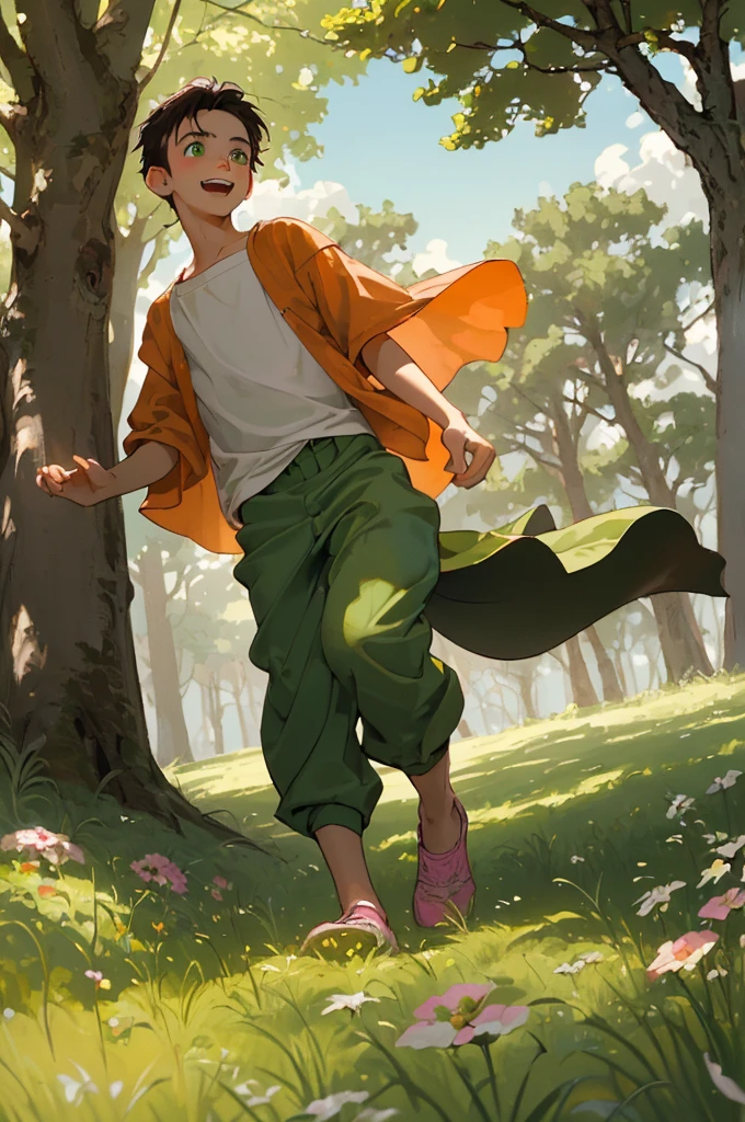 (masterpiece, highest quality), high angle shot of the young boy with light orange skin long black hair and green eyes running up the grassy hill in the forest towards a tree the boy has a green shirt and raggedy brown pants and the tree has white pedals and beautiful pink apples growing from it, the boy is 14 years old and has a happy expression on his face ,