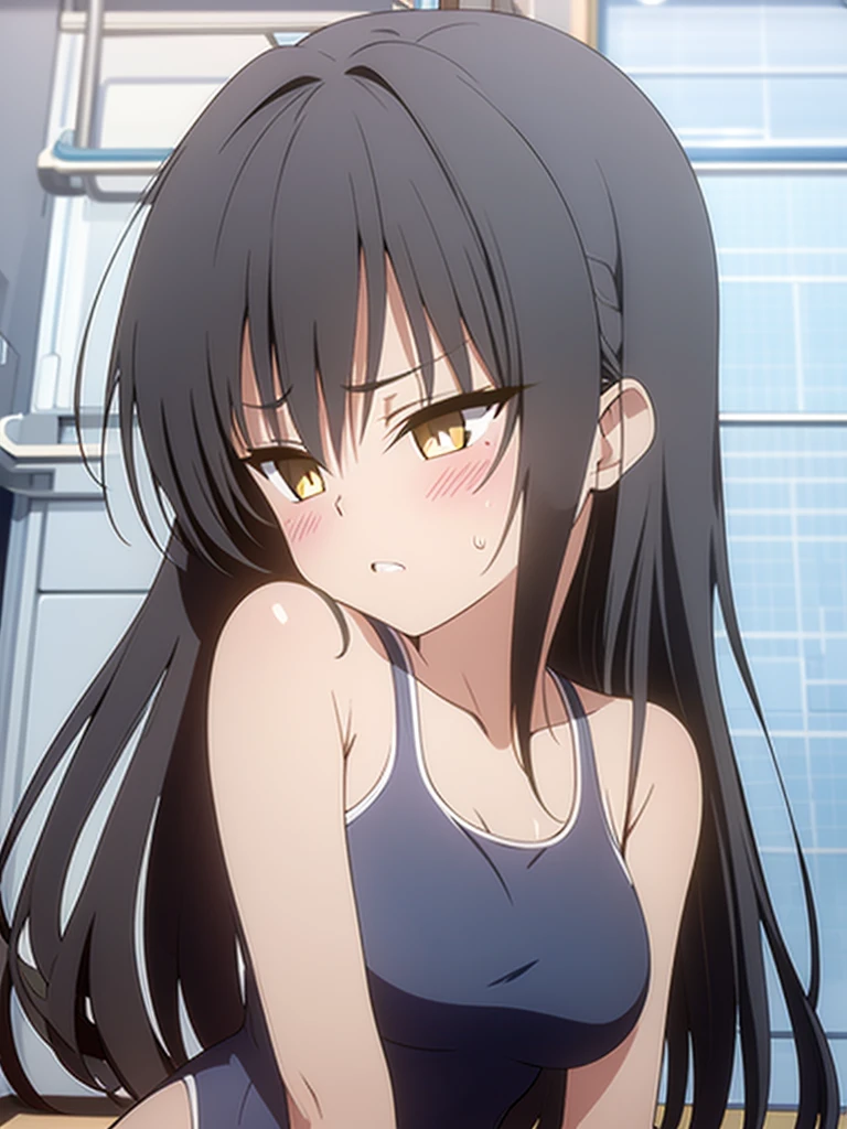 (Highest quality), (High resolution), (masterpiece), (Super detailed), Black Hair, Long Hair, Yellow Eyes, Blue Archive Art Style, One girl, Silky skin, Shiny skin, An athletic body, blush, Heavy breathing, chest, (School Swimsuit), Front view, (Bright saturation), Sexual pose, Dripping love juice, Heart Pupil, Expression of pleasure, Trembling with sexual climax, Heavy breathing,I take a shower