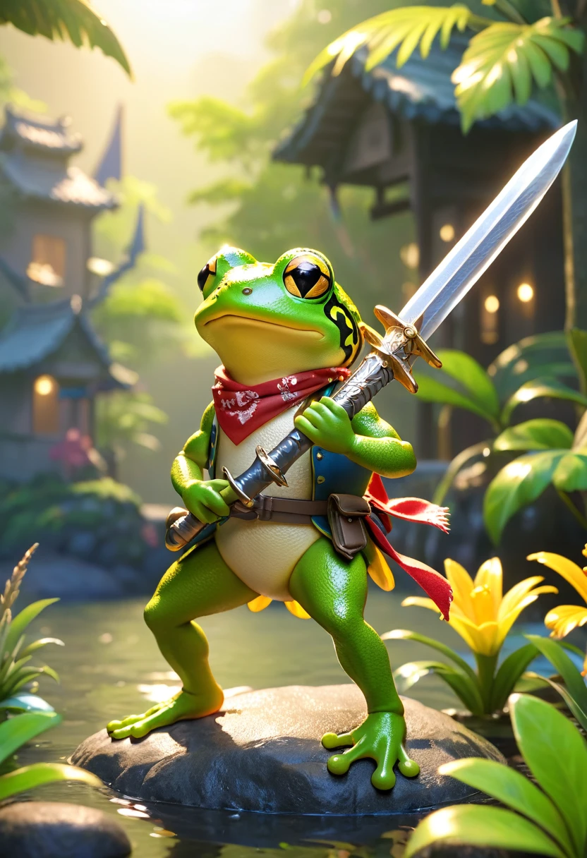 Esbian all over、Cool Frog、Pop Frog、Diorama、Simple Background、bandana、Holding a big sword in his hand、Best Quality, Capture the cutest moments, Depth of written boundary, Super detailed, Ultra-high resolution, Octadale, 8k, 16km race
