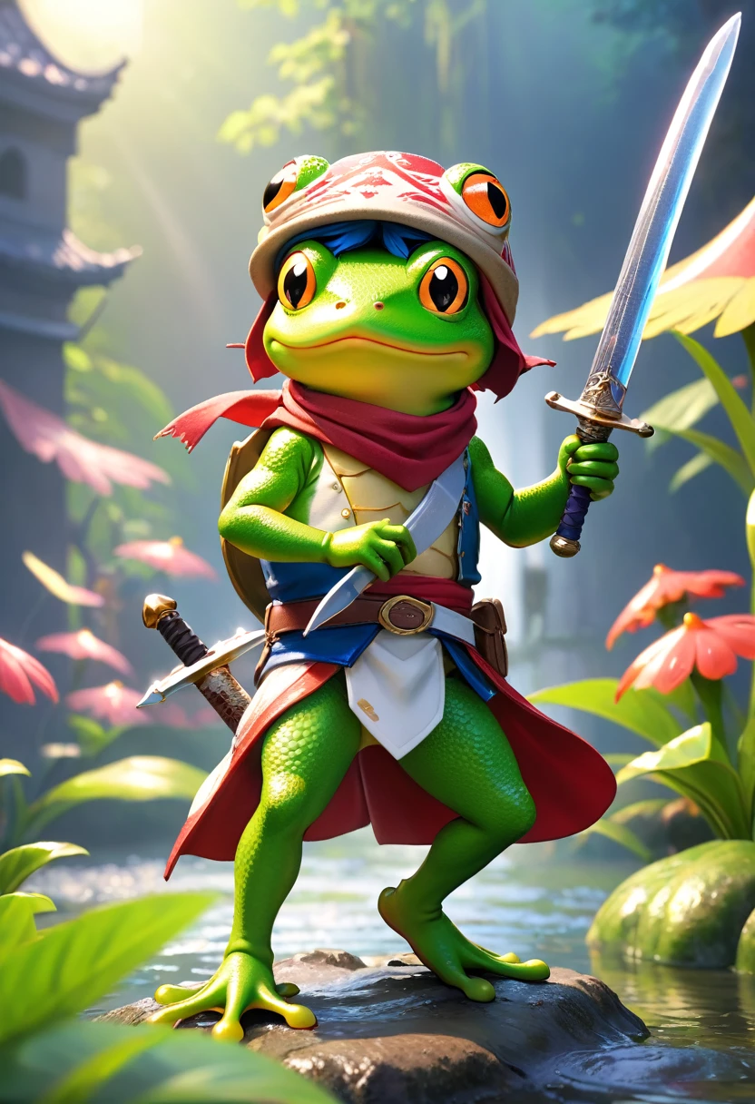 Esbian all over、Cool Frog、Pop Frog、Diorama、Simple Background、bandana、Holding a big sword in his hand、Best Quality, Capture the cutest moments, Depth of written boundary, Super detailed, Ultra-high resolution, Octadale, 8k, 16km race