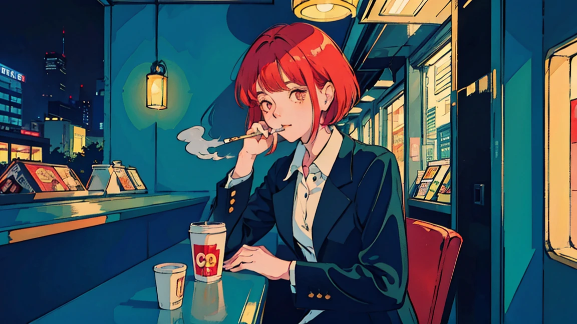 beautiful asian girl with red hair sitting in a diner at night, seen through a window, perfect face/ smoking a white tailor made cigarette, NeonNoir, (backlit: 1.1), hard shadow, masterpiece, best quality, Intricate, modelshoot style, vintage, film grain, Incomplete details drive,citypop,cassettetape