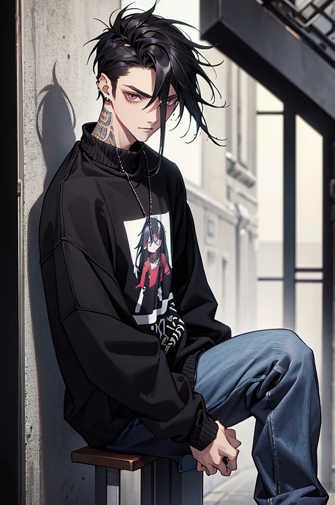 (best quality) (detail), 1 guy, thin, manly, punk, black oversize sweater, baggy jeans, long straight hair, dark, piercing, black hair