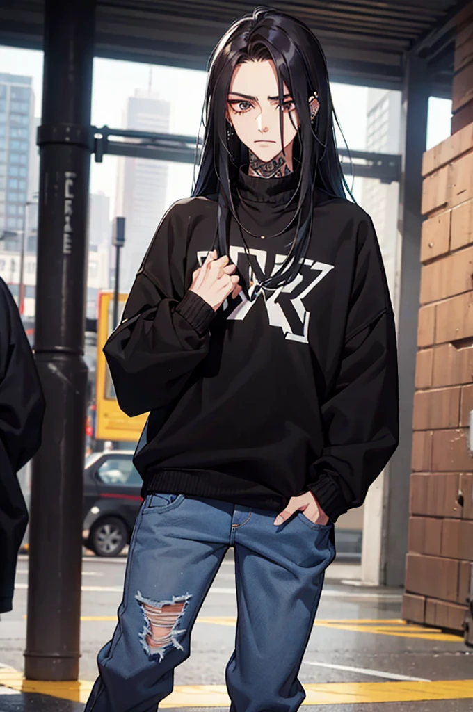 (best quality) (detail), 1 guy, thin, manly, punk, black oversize sweater, baggy jeans, long straight hair, dark, piercing, black hair