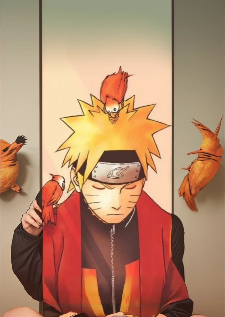 Naruto Uzumaki during his training for Hermit Mode. He is in a Buddhist posture. He wears a red cape with black details., open in front to reveal a black shirt underneath. Two orange birds are on his shoulder and on his head, suggesting it could be Naruto during his training for Hermit Mode. a closeup of a person with a bird on his head, naruto art style, Naruto Uzumaki, Naruto Uzumaki costume sage mode is a funny charismatic character he wears an original costume and a red cape he is meditating with his hands bumping two fists and raw legs sitting he is wearing black sandals Nine tails, Ryuu, cheered up style”, itachi uchiha, cheered up!!!!, arte the fan, cheered up!!! Naruto Uzumaki expands original clothing and background