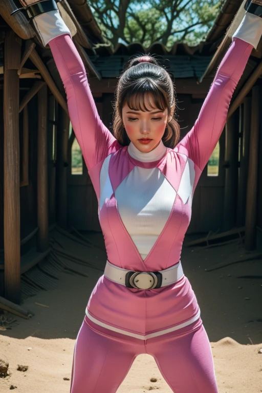pink theme，pink ranger suit、curvy, big breats, full body, tied on Saint Andrew's cross in X position, screaming in pain, crying, eyes are closed tight