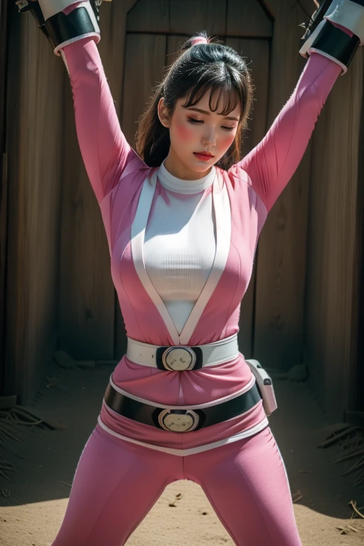 pink theme,pink ranger suit、curvy, big breats, full body, tied on Saint Andrew's cross in X position, screaming in pain, crying, eyes are closed tight