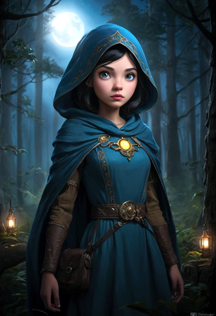A young girl (9) as the mage hunter of adventure time in the dark forest, detailed face, beautiful detailed eyes, beautiful detailed lips, extremely detailed eyes and face, long eyelashes, beautiful detailed dress, adventure time style, fantasy art, digital art, highly detailed, 4k, 8k, ultra-detailed, realistic, photorealistic, photo-realistic, HDR, UHD, studio lighting, ultra-fine painting, sharp focus, physically-based rendering, extreme detail description, professional, vivid colors, bokeh, fantasy, dark forest, moonlight, moody lighting, dramatic lighting