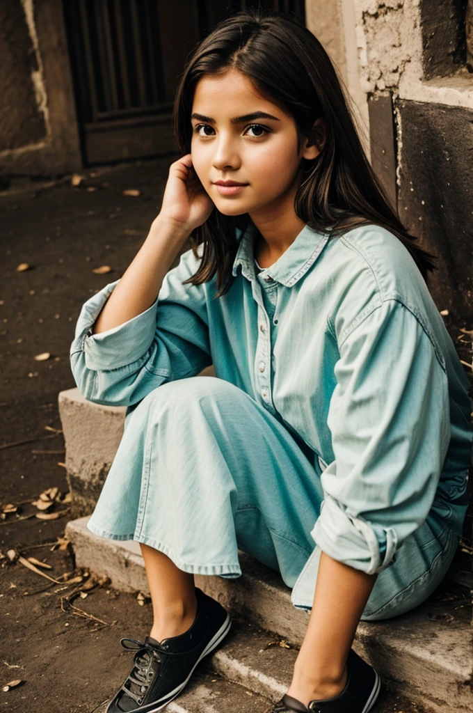 A pretty 9 year old girl with long brown hair and brown eyes with lovely clothes and she looks happy