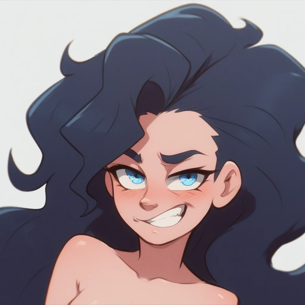 Ralph Bakshi Style, gesugao:3.0, Curvy blue eyed girl with long wavy black hair and small breasts, (extreme nsfw):3.0, lewd:3.0, (pubic_stubble):4.0, nudity, bedroom, cum:3.0, night