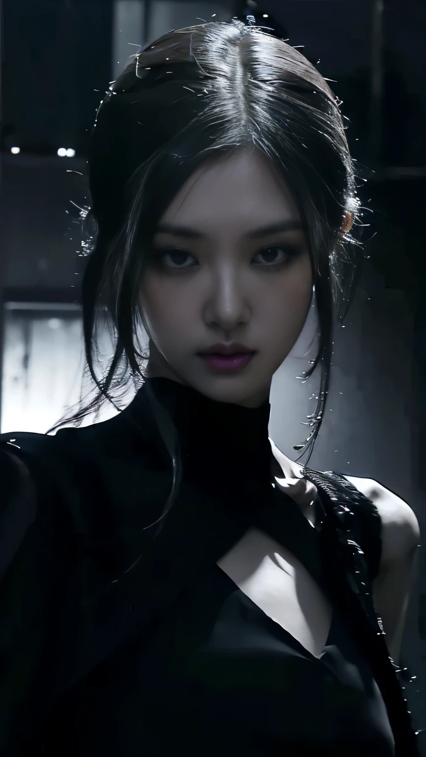 (best quality, highres:1.2), realistic, black dress, black hair, dark theme, black background, dark ninja, intense gaze, elegant posture, flowing dress, detailed facial features, long eyelashes, contrast, fine details, dramatic atmosphere, gothic style, intense emotions, monochrome color palette, captivating setting, haunting beauty, artistic photography, everything is black